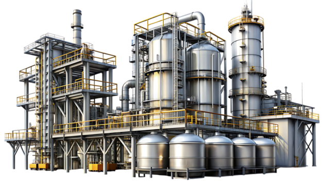 Industrial Chemical Plant with Tall Towers and Metal Structures factory refinery isolated on a transparent background