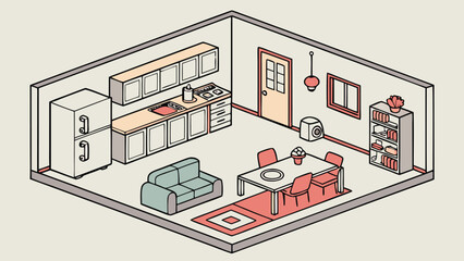 Cozy Isometric Living Room and Kitchen Interior Design Illustration
