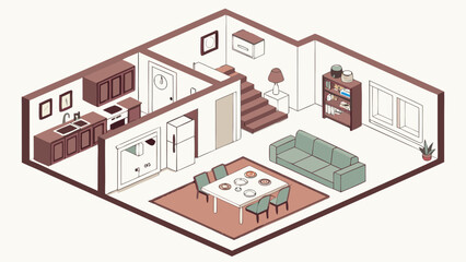 Cozy Isometric Living Room and Kitchen Interior Design Illustration