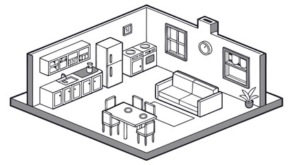 Cozy Isometric Living Room and Kitchen Interior Design Illustration