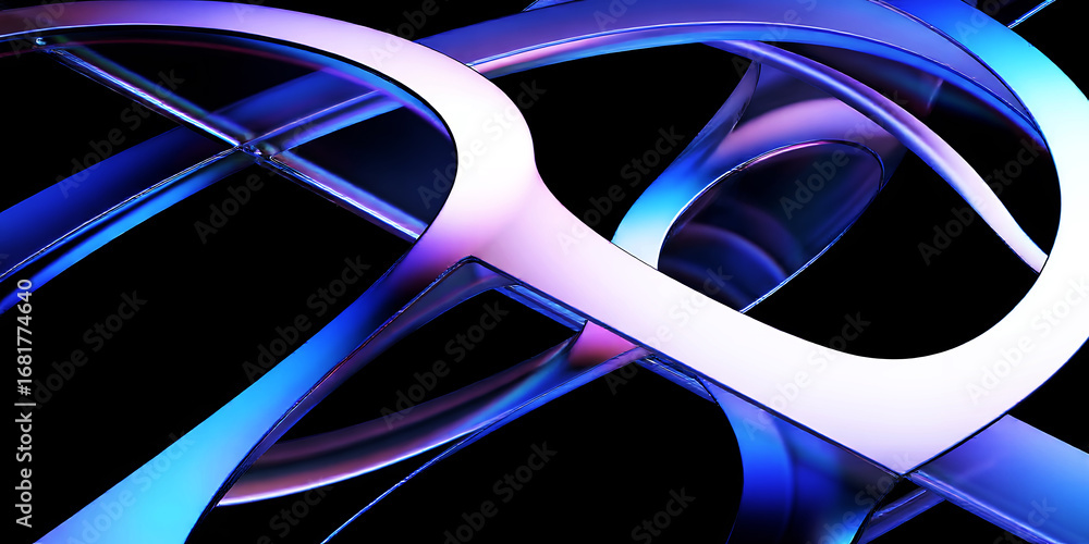 Poster abstract rendering showing interconnected blue and white rings on a black background view