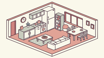 Cozy Isometric Living Room and Kitchen Interior Design Illustration