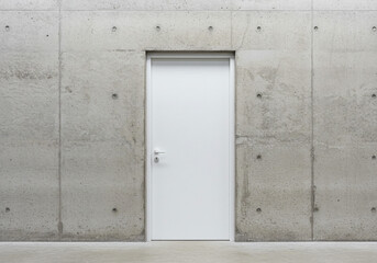 Modern concrete wall with a minimalist white door, offering a sleek and sophisticated entryway.