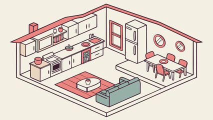 Cozy Isometric Living Room and Kitchen Interior Design Illustration