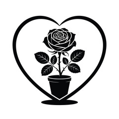 Black and white illustration of a rose in a pot inside a heart shape