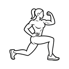 Woman performing a lunge exercise and flexing her bicep
