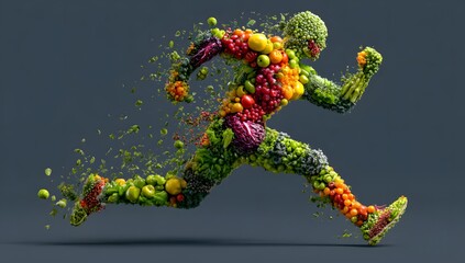 Healthy eating and active lifestyle concept running figure made of fruits veggies