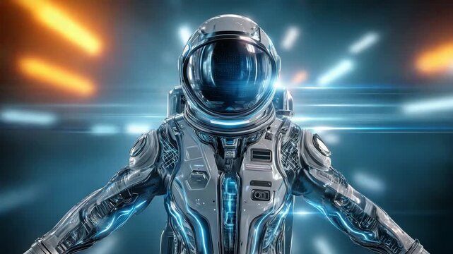 A man in a spacesuit flies through space filled with neon flashes. The video is suitable for themes related to space, exploration and cyberpunk, technology, science fiction, time travel and the future