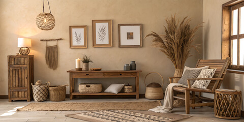 Boho Interior Design Photo - Rustic Natural Materials, Wicker Furniture Pampas Grass, Neutral Earth Tones Decor, Cozy Living Room Style, Organic Textures Home