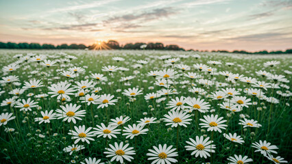 Field of daisies at sunrise