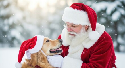 Santa claus and dog wearing hats together, happy Christmas holiday scene. Winter season concept for new year celebration.