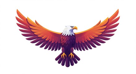Obraz premium Stylized illustration of a majestic bald eagle with wings spread wide, featuring a vibrant orange and red color gradient.