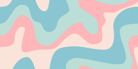 Seamless abstract background features flowing waves in soft pastel tones. Shades of light blue, pale pink, and light beige create a relaxing and modern feel, perfect for digital art and home decor.