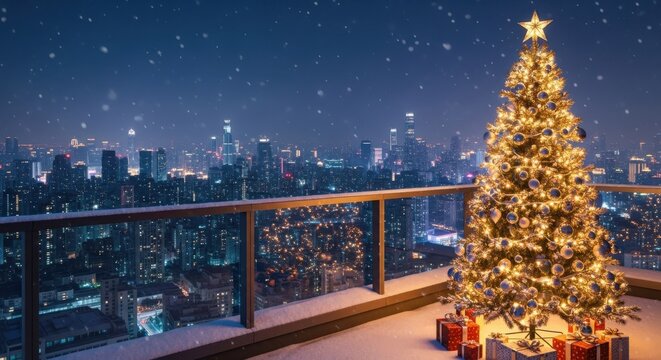 Festive Christmas Tree On A Rooftop Overlooking A City At Night - Powered by Adobe