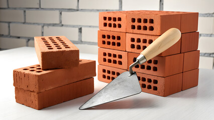 red bricks and tools for laying on wall 