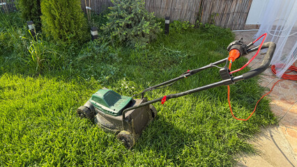 Electric lawn mower serenades verdant grass in aromatic summer solstice, quirky suburban zen...