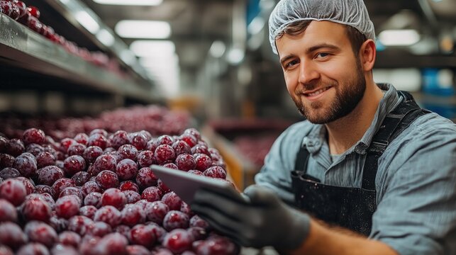A worker in a food processing facility, examining frozen plums and using a tablet