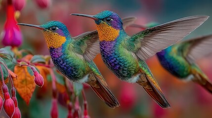Two vibrant hummingbirds in flight, surrounded by colorful flowers