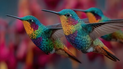 Obraz premium Three vibrant hummingbirds in flight, colorful plumage, blurred background of fuchsia flowers