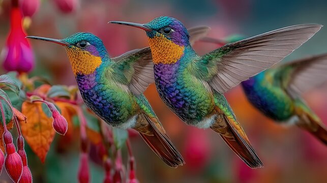 Two vibrant hummingbirds in flight, surrounded by colorful flowers