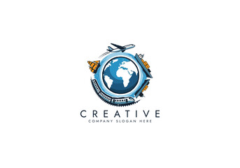 Travel Agency Logo with World Globe, Airplane,Ship,Suitcase,Global Transportation Logo vector design