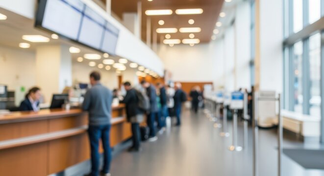 Blurred image of people standing in line at service counter inside modern bank or office hall.