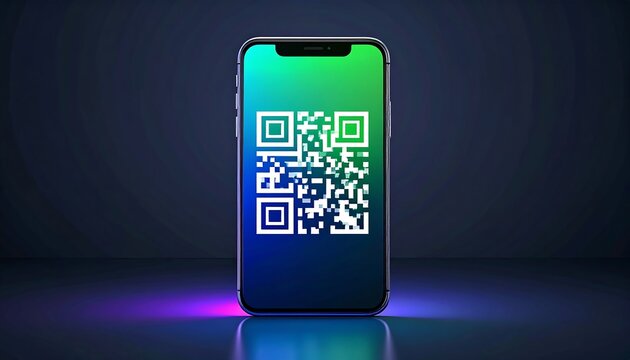Smartphone displaying a QR code, illuminated by vibrant light