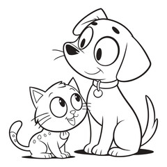 Cat and dog together, simple kawaii coloring page illustration