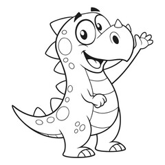  Friendly dinosaur waving, cartoon coloring page outline, kawaii line art