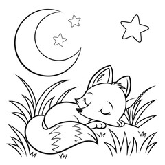 Baby fox sleeping under the moon, coloring book illustration, clean outline