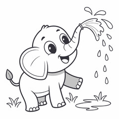 Elephant spraying water, cute kawaii coloring outline drawing