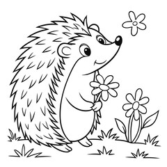 Cute hedgehog with small flowers around it, kawaii black and white line art