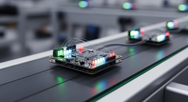 LED indicators blinking on a compact drone microcontroller as it moves along a conveyor belt midprocess of firmware uploading for swarm coordination.