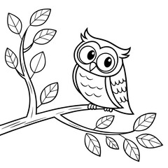 Owl sitting on a branch with big eyes, simple coloring page outline