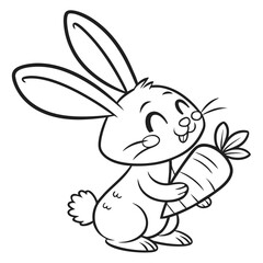Rabbit holding a carrot, simple black and white line drawing