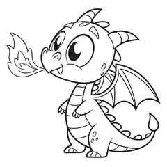 Baby dragon blowing small fire, kawaii coloring book outline