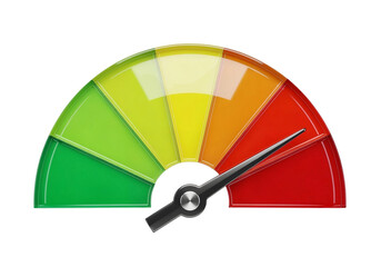 Colorful meter gauge with needle pointing to red zone indicating high level or critical status on white or transparent background.