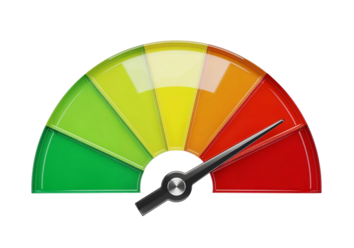 Colorful meter gauge with needle pointing to red zone indicating high level or critical status on white or transparent background.