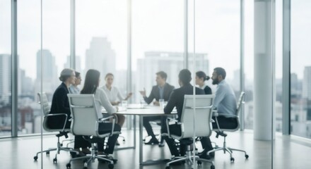 Blurred business meeting in modern office with professionals seated and discussing around conference table with city view.