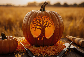 carved pumpkin with tree design at sunset on autumn field during halloween season