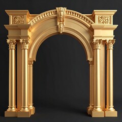 Naklejka premium A polished, golden archway, beautifully sculpted with intricate details, stands against a dark background.