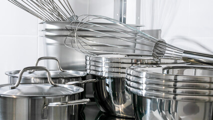 Stacked gleaming pots and whisks, metallic symphony kitchen tales, World Cuisine Day, culinary...