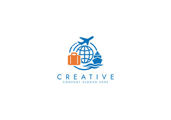 Travel Agency Logo with World Globe, Airplane,Ship,Suitcase,Global Transportation Logo vector design
