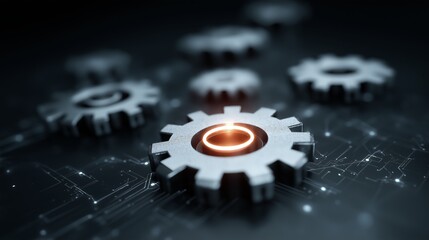 Metallic Gear Cluster with Orange Glow Center on Circuit Board Demonstrates Precision Machinery and Cybernetic Integration in Modern Industrial Technology Systems