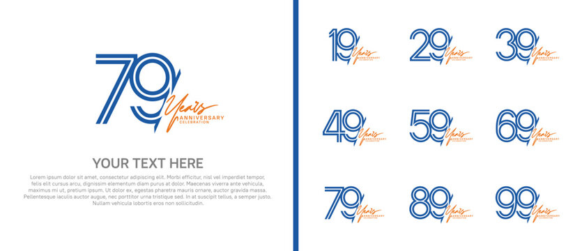 logo anniversary set. blue color with orange handwriting on white background for special event