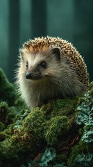 Fototapeta premium Hedgehog exploring lush green moss in a tranquil forest setting on a misty day