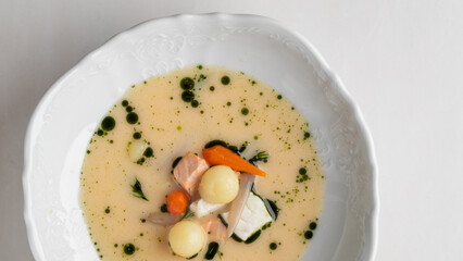 Creamy umami soup symphony with delicate vegetable spheres, evoking Lunar New Year feast, Zen garden culinary artistry