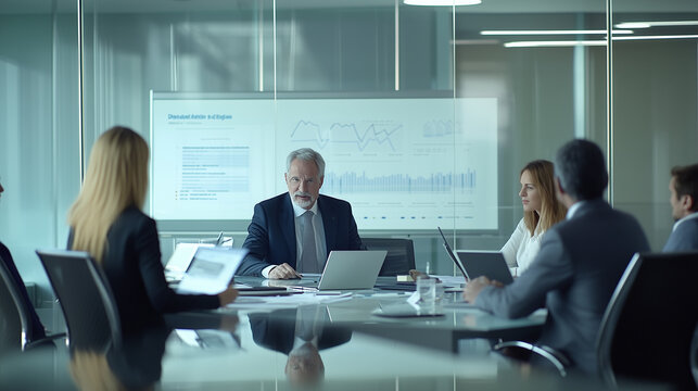 racially and culturally diverse professionals in modern office, dynamic business meeting, whiteboard with charts, laptops and digital tablets visible, professional attire, mix of genders, body types, 