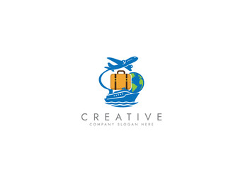 Travel Agency Logo with World Globe, Airplane,Ship,Suitcase,Global Transportation Logo vector design