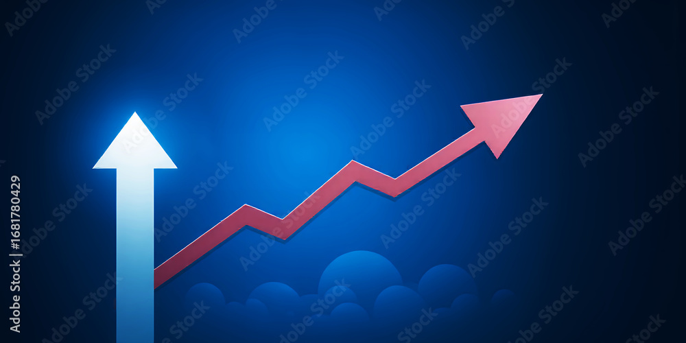 Poster a white arrow pointing straight up and a red arrow trending up on a blue background image